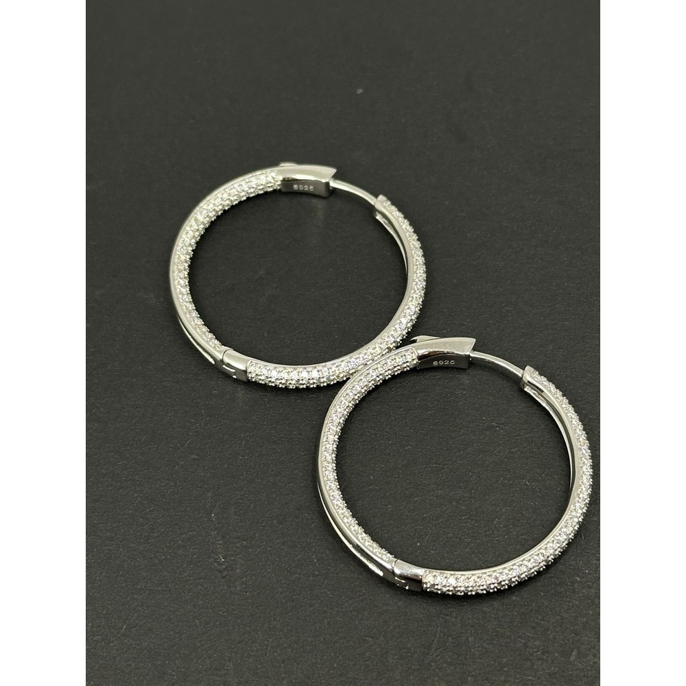 Sterling Silver 925 Inside Out CZ Hoop Earrings Pave Cubic Zirconia 1.5 Inch - Picture 4 of 11